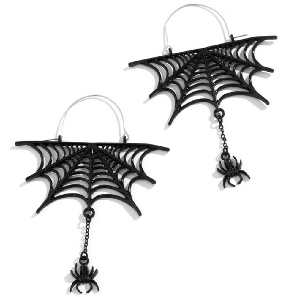 NWT Black Spider Spiderweb Insect Bug Creepy Goth Halloween Dangle Hoop Earrings